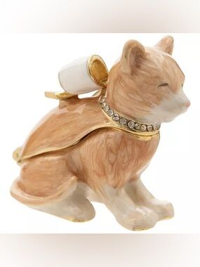 New Elegant Beige Ceramic Cat Trinket Box with Rhinestone Collar